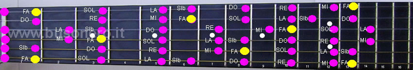 Configurazione generale della scala di Fa maggiore vista nella tastiera della chitarra