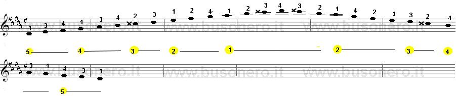 Scala di Re diesis minore armonica sulla tastiera della chitarra estesa su due ottave