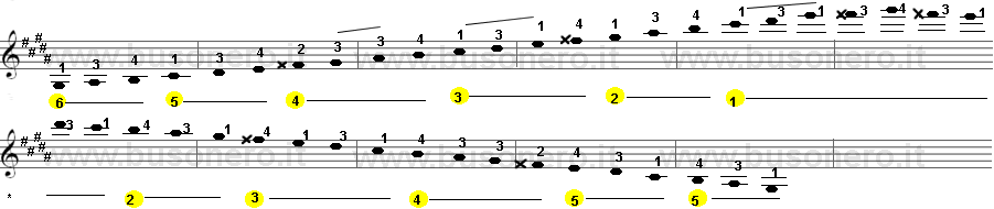 Scala di Sol diesis minore armonica sulla tastiera della chitarra estesa su tre ottave.