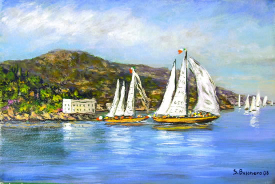 Alcune pitture di Stefano Busonero - Paesaggio marino: barche a vela nel promontorio dell'Argentario