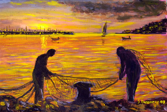 Colori e contrasti nei quadri di Busonero: Alba all'Argentario con pescatori che conciano
